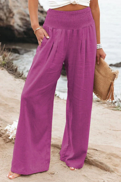 Women's wide leg casual pants in cotton linen blend, available in multiple colors