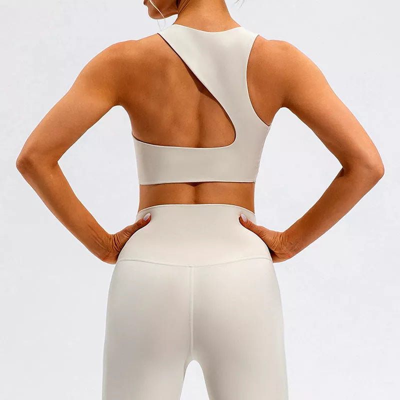 High waist running and yoga tight set in Lycra fabric, available in off-white, black, and dark brown