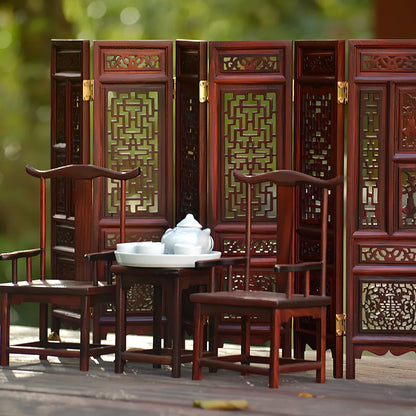 Red rosewood miniature Chinese furniture model with traditional carved details and mahogany construction