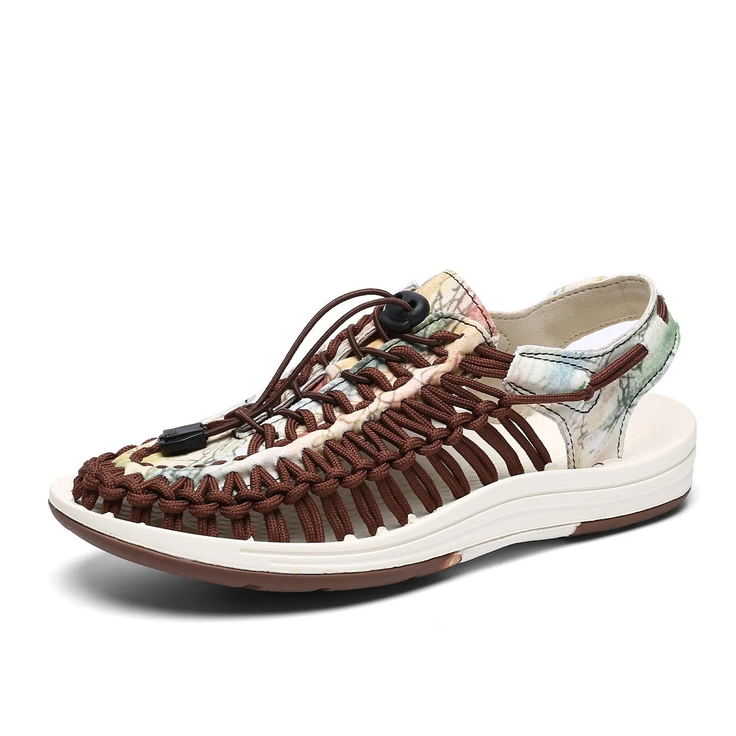 Fashion woven sandals with elastic drawstring tie closure and rubber sole in rainbow colour