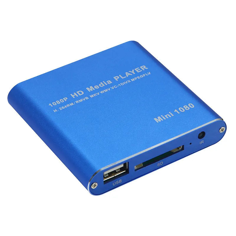 Black or blue 1080P Full HD media player with HDMI port, SD card slot, and USB inputs.