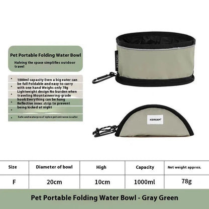 Folding pet water bowl in 190D nylon waterproof cloth, 1000ml capacity, shown in Chestnut Pink, Dark Green, Gray Green or Khaki