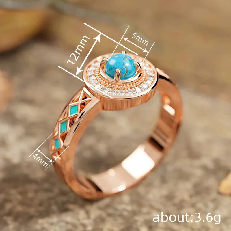 Rose gold turquoise ethnic style ring with geometric design and inlaid zircon detailing
