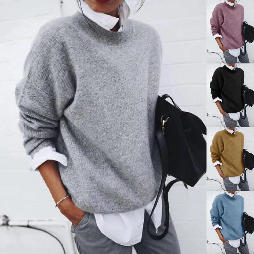 Cozy long sleeve pullover sweater in various solid colors for women