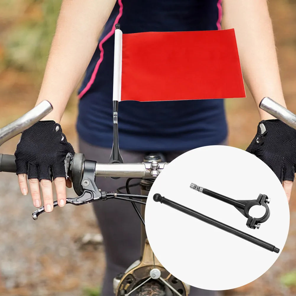 Square polyester flag measuring 30cm by 45cm on plastic handlebar pole for bicycle mounting