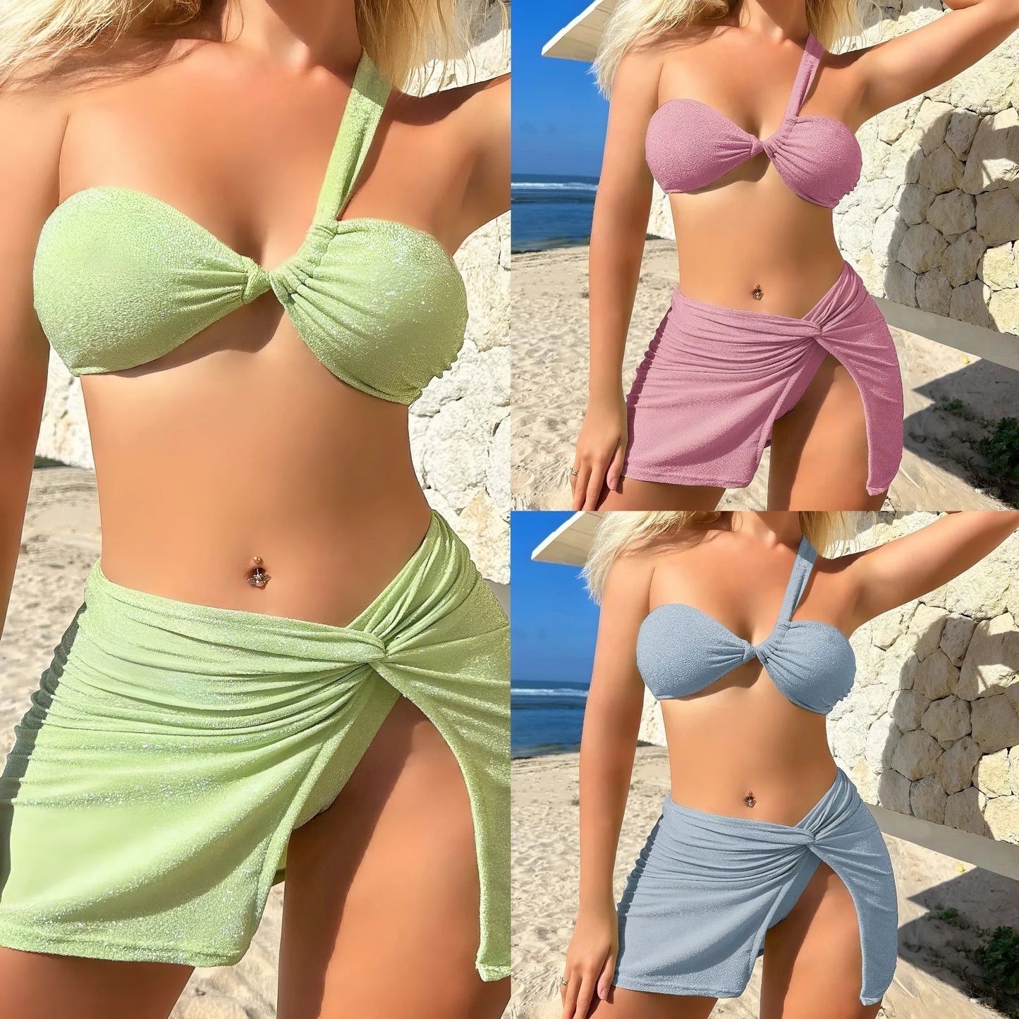 Women's one-shoulder glossy polyester swimsuit set in light green, with matching pants and skirt