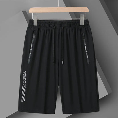 Men's black quick-dry nylon sports shorts with a loose fit and elasticated waistband.