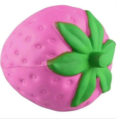 A squishy, strawberry-shaped stress relief ball made of durable polyurethane material