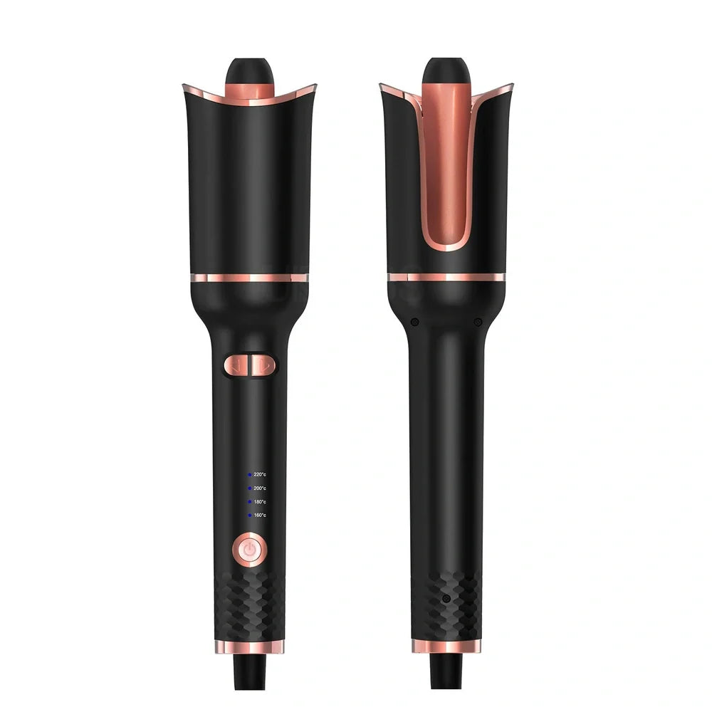 Black automatic hair curler with rotating 16-20mm barrel and digital temperature display showing 10 heat settings