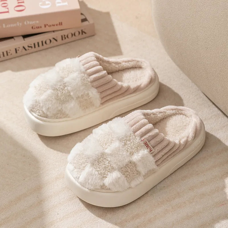 Women's plaid pattern plush slippers with coral velvet upper and non-slip sole in multiple colour options