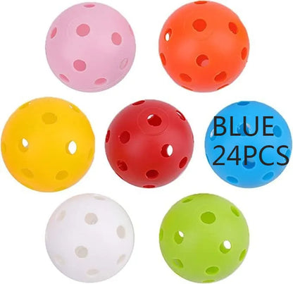 Multi-colour golf practice balls in red, orange, blue, green, white, and yellow, 42mm diameter, packed in a net pocket