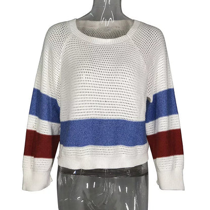 Women's white hollow-out long sleeve striped pullover sweater