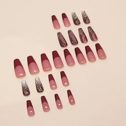 Set of 24 French line design fake nail stickers and one tube of adhesive glue on a white background.