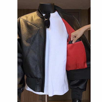 Men's black PU leather jacket with 100cm extended length in light business style