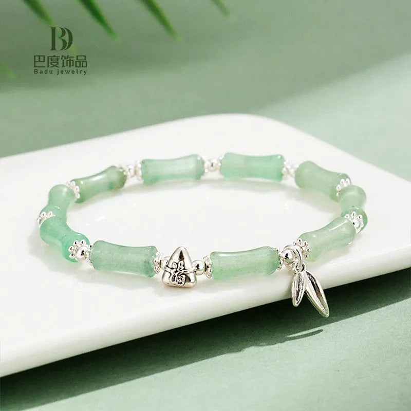 Green Aventurine bamboo pattern bracelet with strawberry quartz and jade beads, electroplated women's jewellery