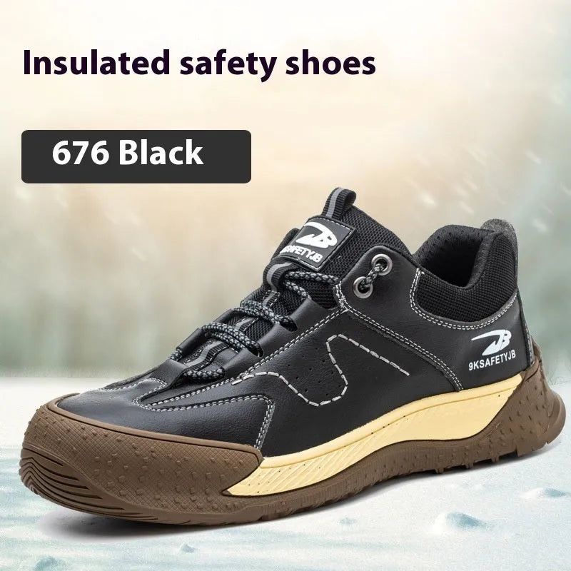 Leather Flyknit safety work shoes in black, brown, grey, or khaki with a rubber sole