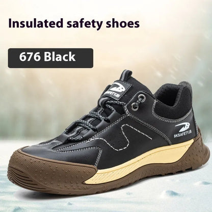 Leather Flyknit safety work shoes in black, brown, grey, or khaki with a rubber sole