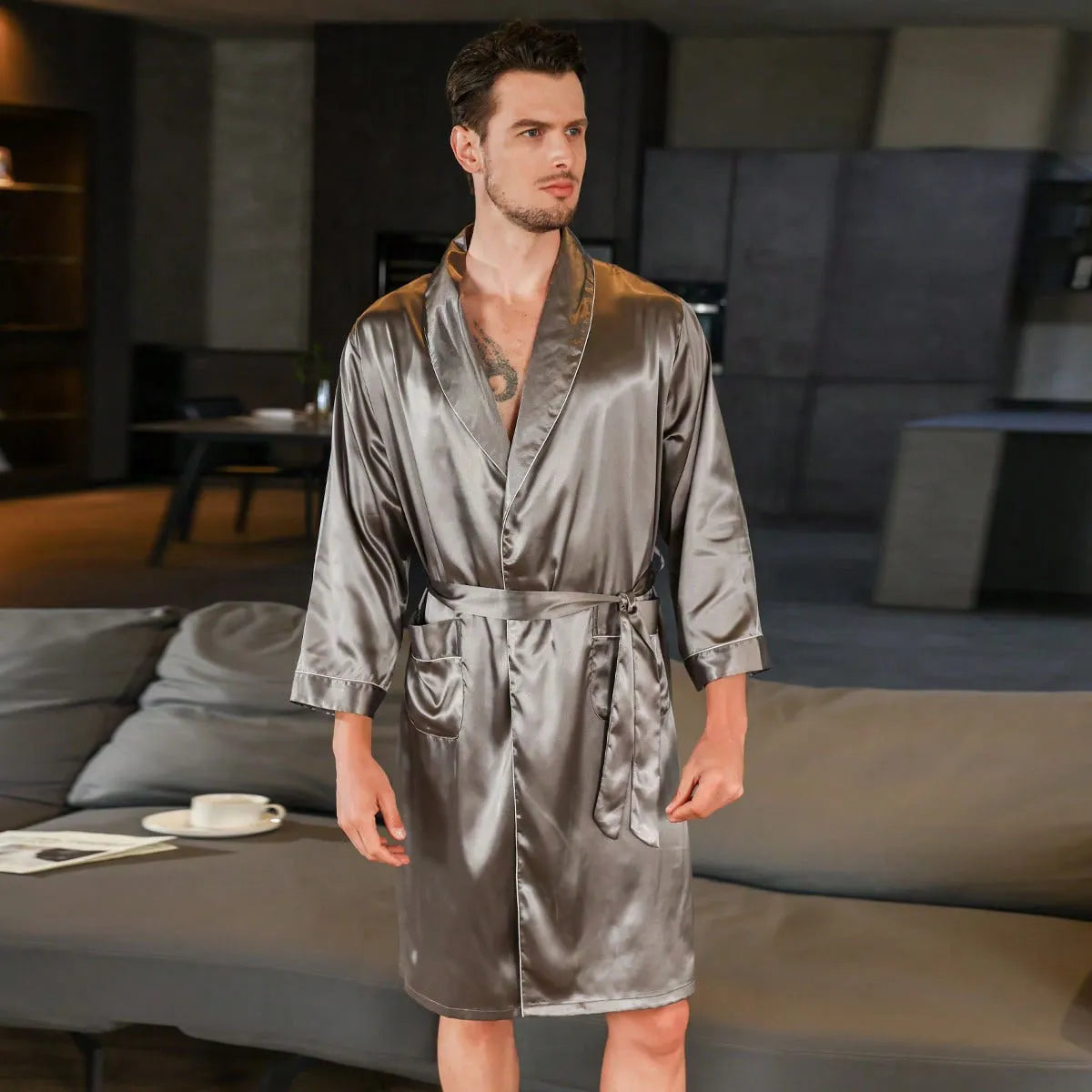 Men's silk bathrobe in summer colours including black with yellow collar and red crane design