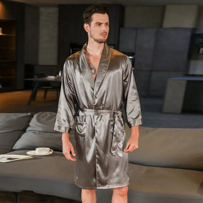 Men's silk bathrobe in summer colours including black with yellow collar and red crane design