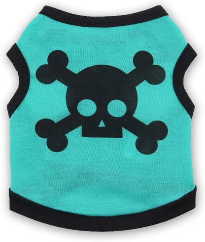 Blue dog vest with orange skull bones pattern, tank top style for a small dog.
