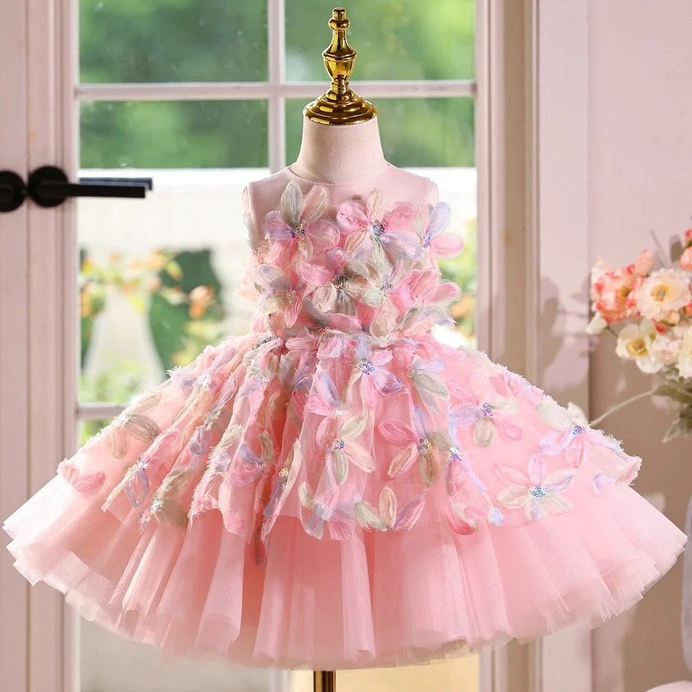 Pink children's flower girl wedding dress with height sizes from 100cm to 160cm