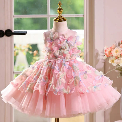 Pink children's flower girl wedding dress with height sizes from 100cm to 160cm
