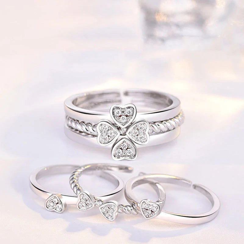 Adjustable four-leaf clover spinning ring set for women with shiny zircon stones