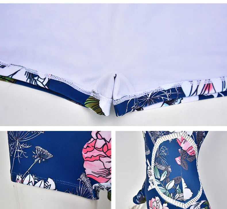 Nylon one-piece boxer swimsuit for diving in blue pattern or yellow flower print