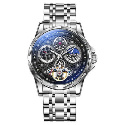 Men's automatic watch with luminous hands, 13mm thickness, available in black or white steel and leather strap options