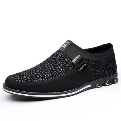 Men's grey and white synthetic leather casual shoes with square toe and flat rubber sole.