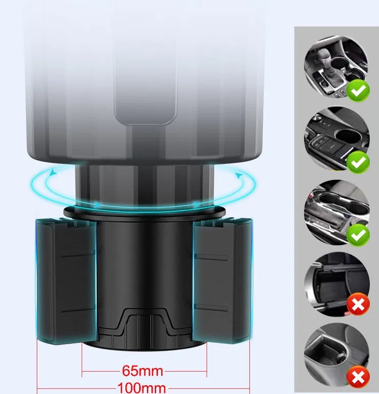 Matte black car cup holder expander with adjustable base for oversized bottles up to 12cm diameter