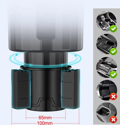 Matte black car cup holder expander with adjustable base for oversized bottles up to 12cm diameter
