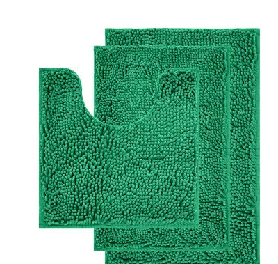Chenille three-piece bathroom carpet set with U-shaped toilet mat, TPR backing, in green colour variations