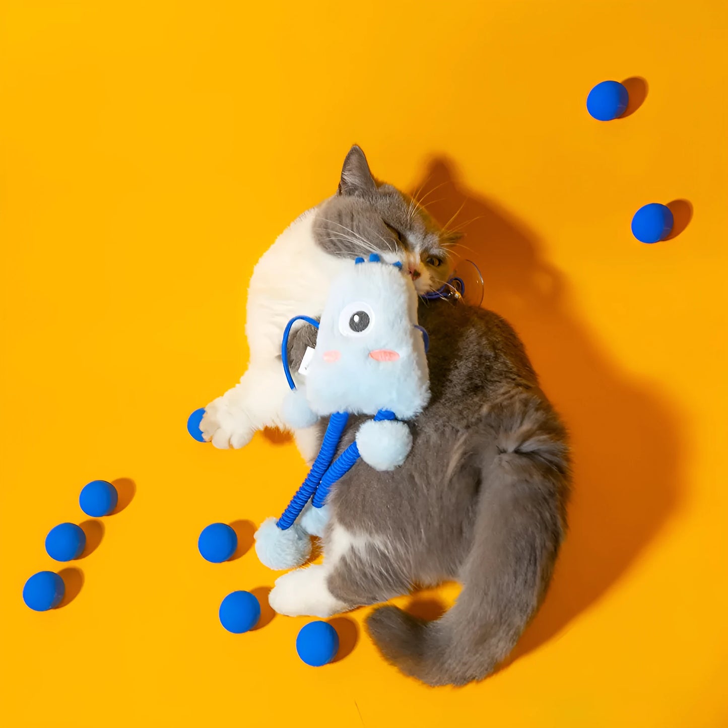 Blue telescopic elastic cat toy with plush mint bell ring measuring 30x30 cm
