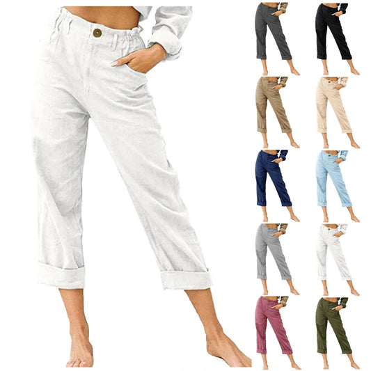 Women's cotton linen patchwork pants with drawstring back and elastic waist in various colors