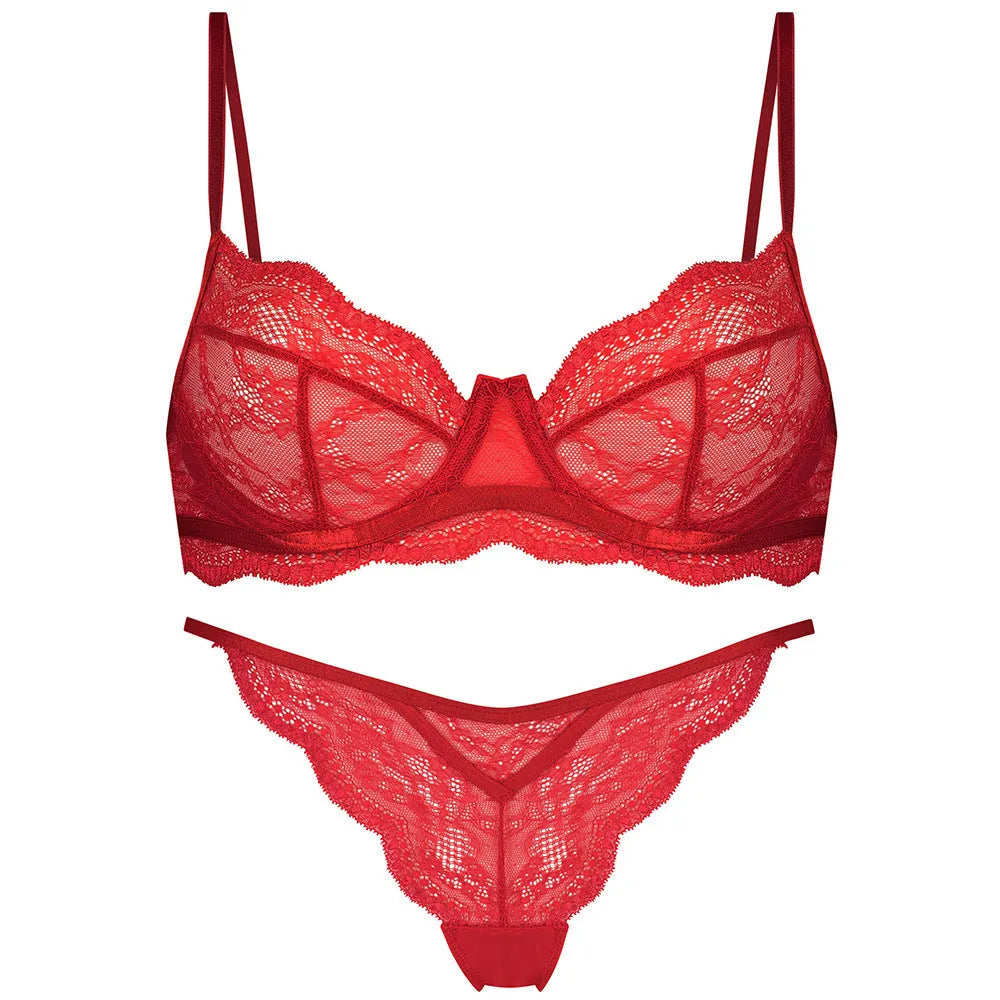 Women's black red or green nylon French bra bikini set with double shoulder straps, sizes S M L XL.
