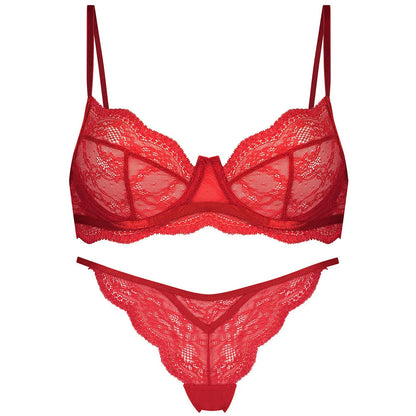 Women's black red or green nylon French bra bikini set with double shoulder straps, sizes S M L XL.