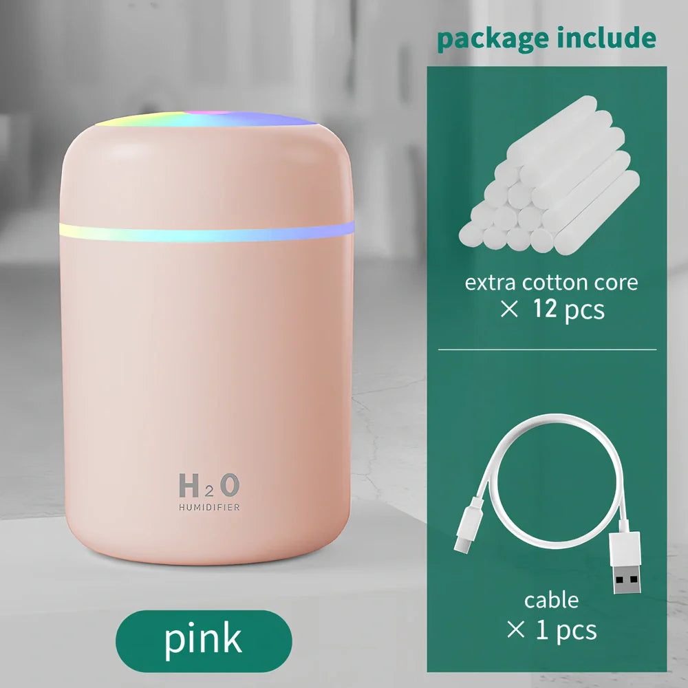 Compact USB car humidifier with colourful LED light and 300ml water tank for vehicle use