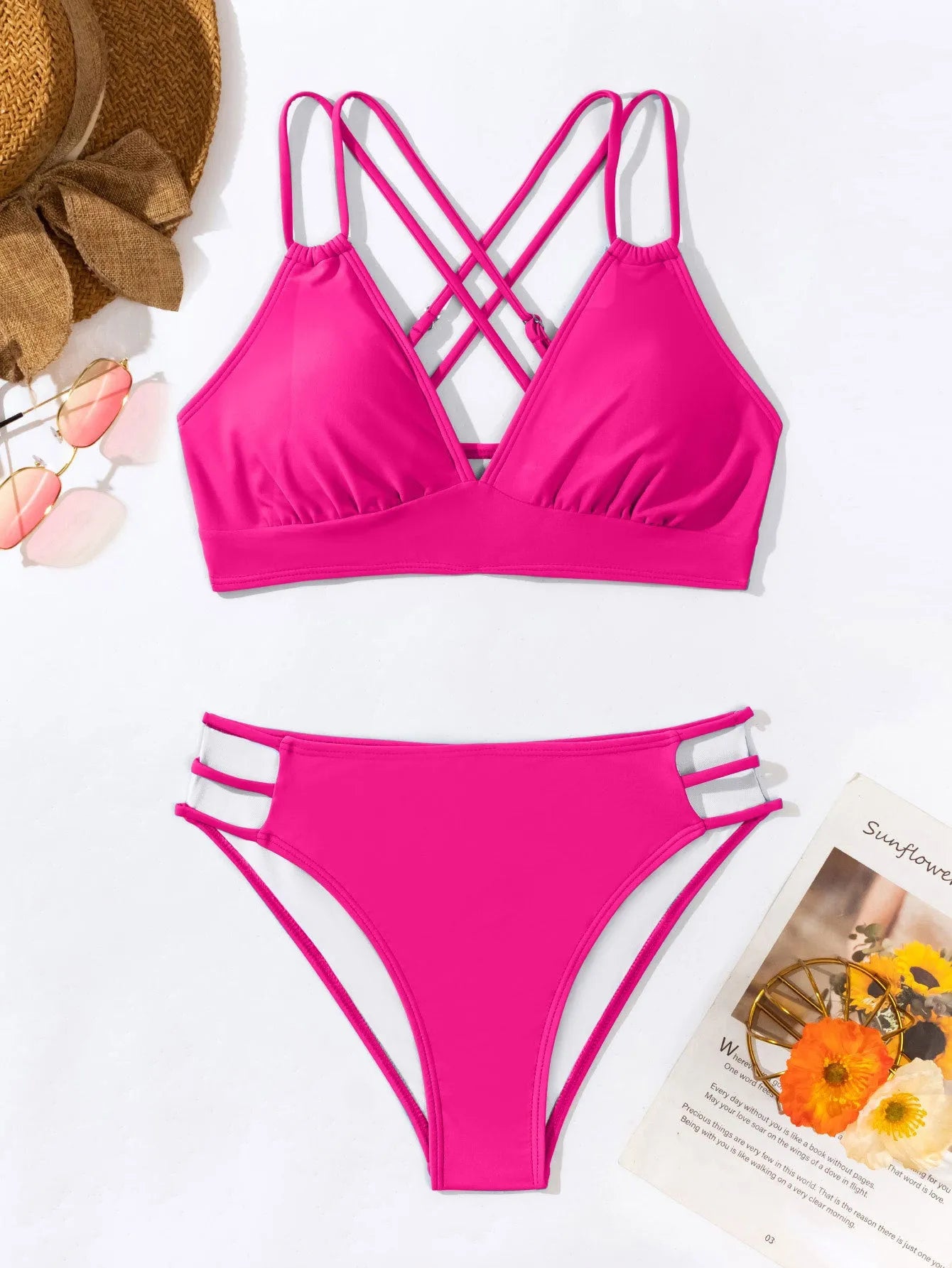 Women's V-neck halter bikini swimsuit with split shorts in nylon fabric