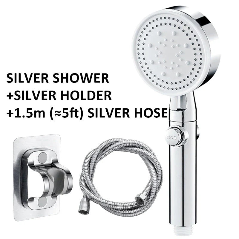 High-pressure shower head with customizable five-speed settings, premium ABS construction, and sleek modern design