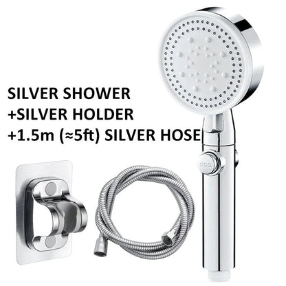 High-pressure shower head with customizable five-speed settings, premium ABS construction, and sleek modern design