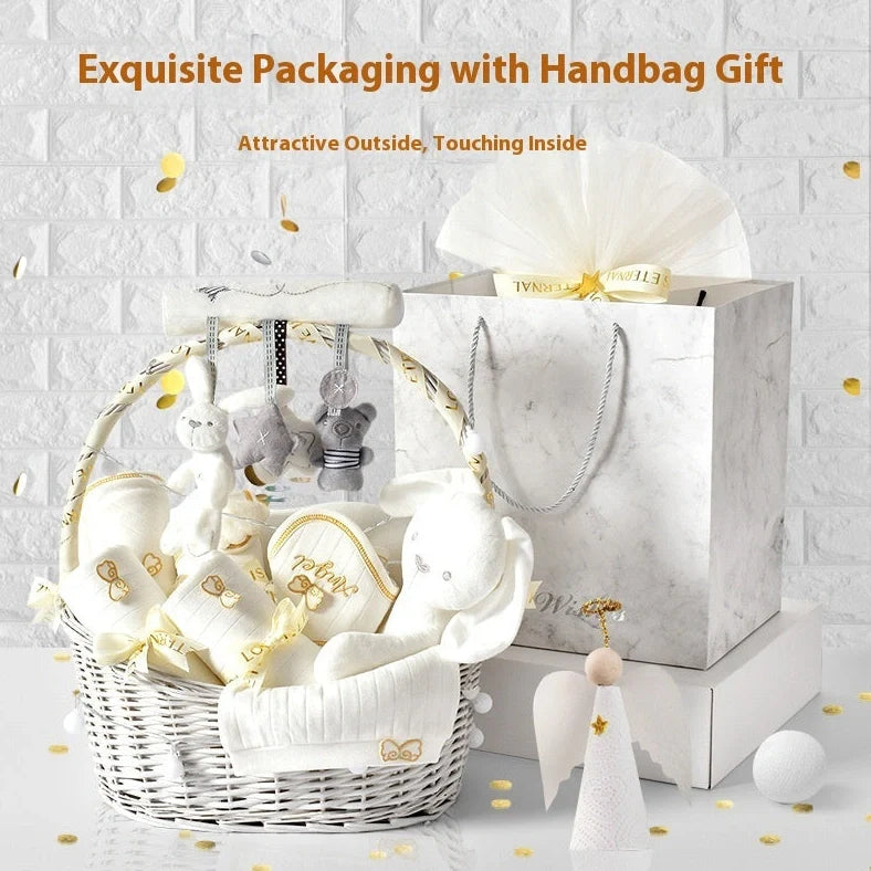 Newborn baby gift box set with 18-23 clothing pieces including cardigans and suits, suitable for babies 0-12 months with specific height measurements from 59cm to 73cm