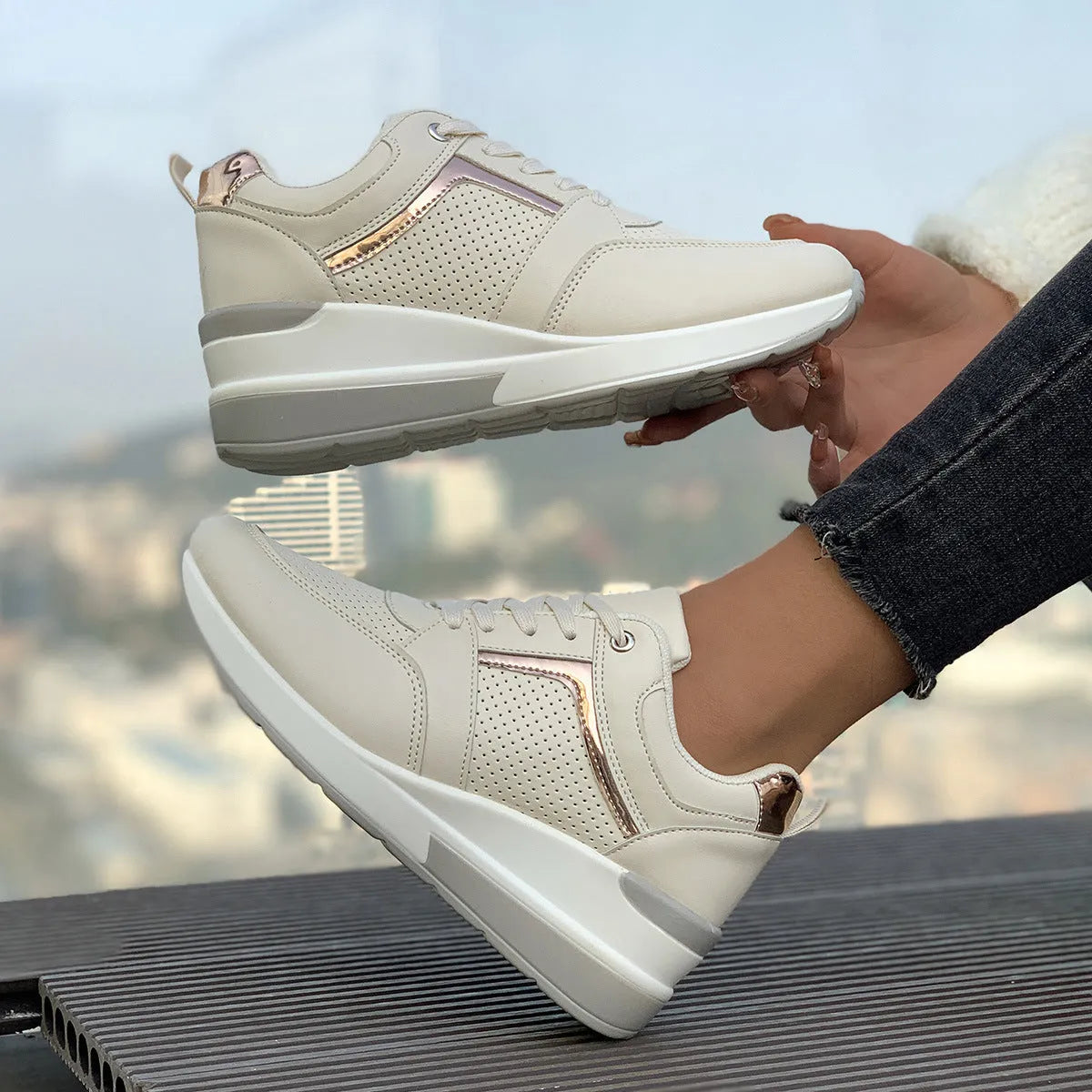 Women's white PU leather wedge platform sports shoes with front lace-up closure.