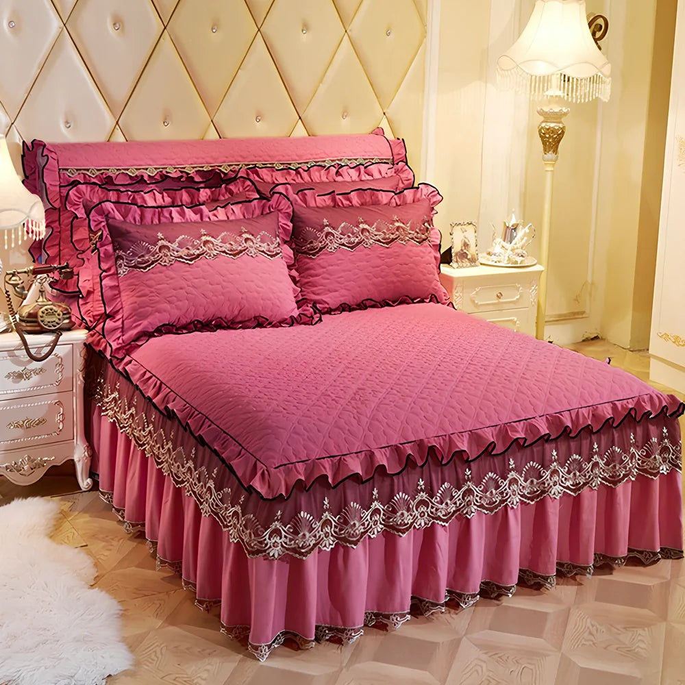 Quilted lace bed skirt with embroidery quilting on bed, showing 1.8m circumference coverage