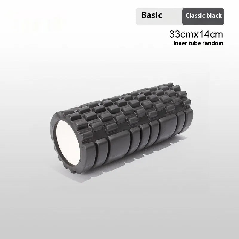 EVA foam roller in black, grey, pink, sky blue, or light purple, showing cylindrical shape for fitness recovery