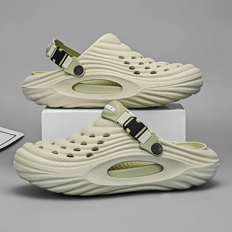 Men's casual platform slippers in EVA with hollow-out design for indoor and outdoor use, available in black, white, and light green colour options across a range of unisex adult sizes from 36 to 45.