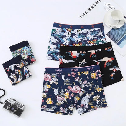 Men's cotton boxer briefs on a size chart showing weights for 3XL to 10XL, in floral colour options.