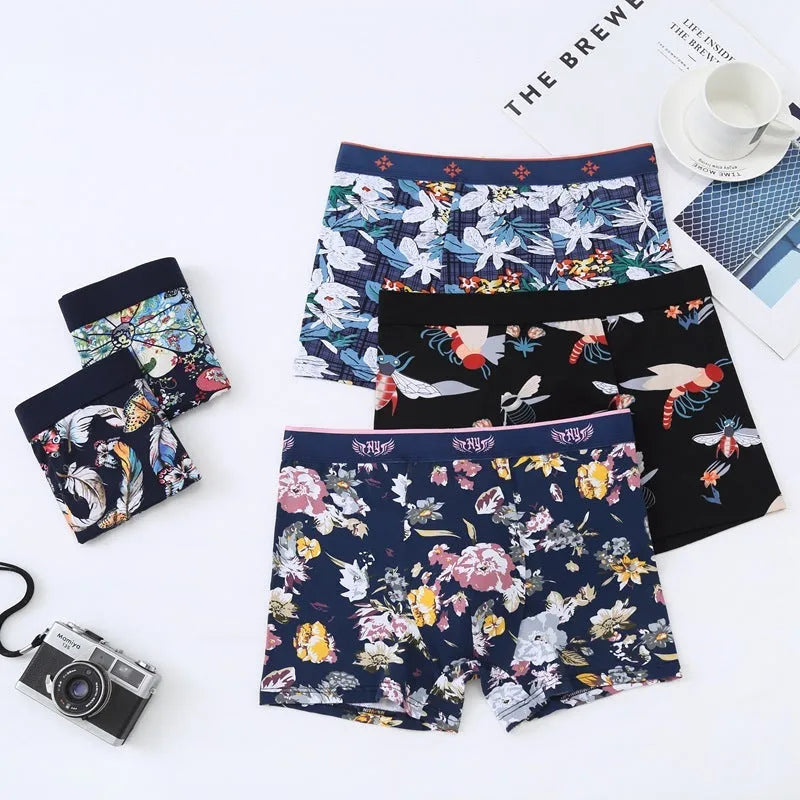 Purified Cotton Men's Underwear Boxer Briefs Breathable Mid Waist Knitted Fabric U-Shaped Convex Design in Colours Delicate Rose, Flying Butterfly, Gorgeous Floral, Idyllic Dragonfly, Youth Yearning, Sizes 3XL to 10XL