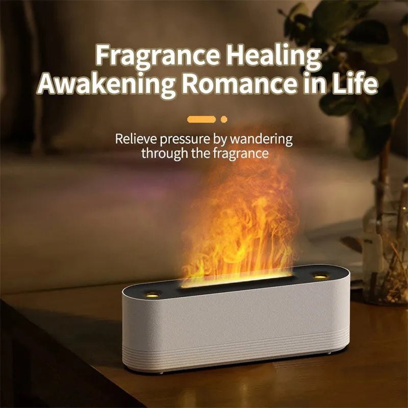 Black Flame Air ultrasonic humidifier with LED lights and mist output on wooden surface