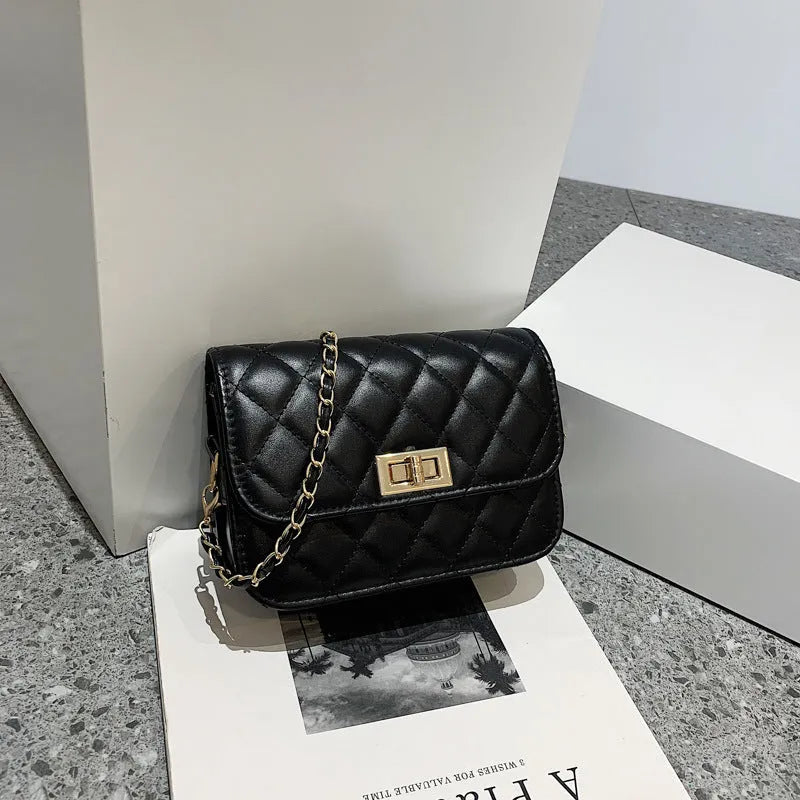 Women's PU shoulder messenger bag with diamond chain and sewing thread trim, black or beige, large 18cm or small 12cm